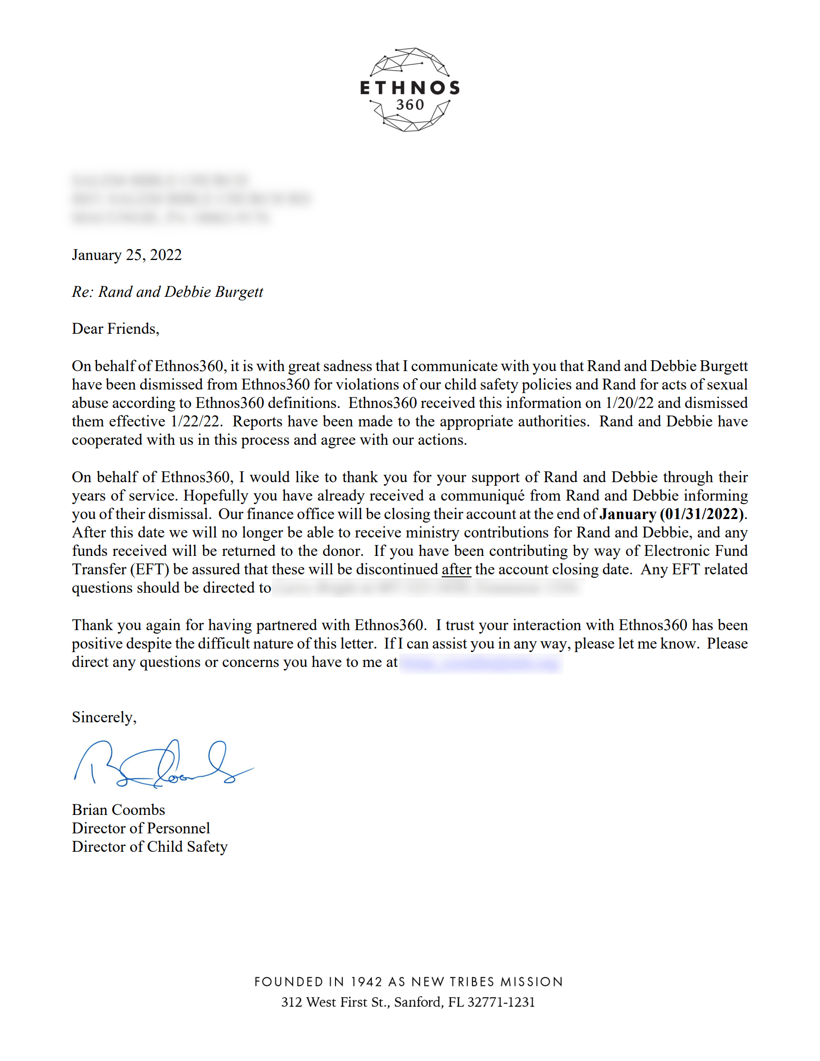 Ethnos360 letter to supporters regarding Rand Burgett and Debbie Burgett